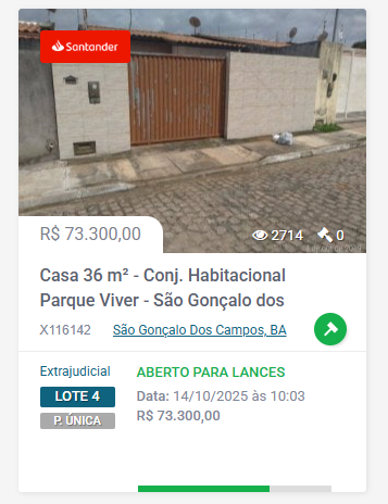 Imóveis disponíveis do leião do Santander na Bahia por Divulgação