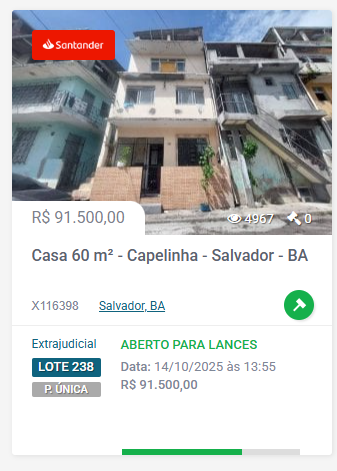 Imóveis disponíveis do leião do Santander na Bahia por Divulgação