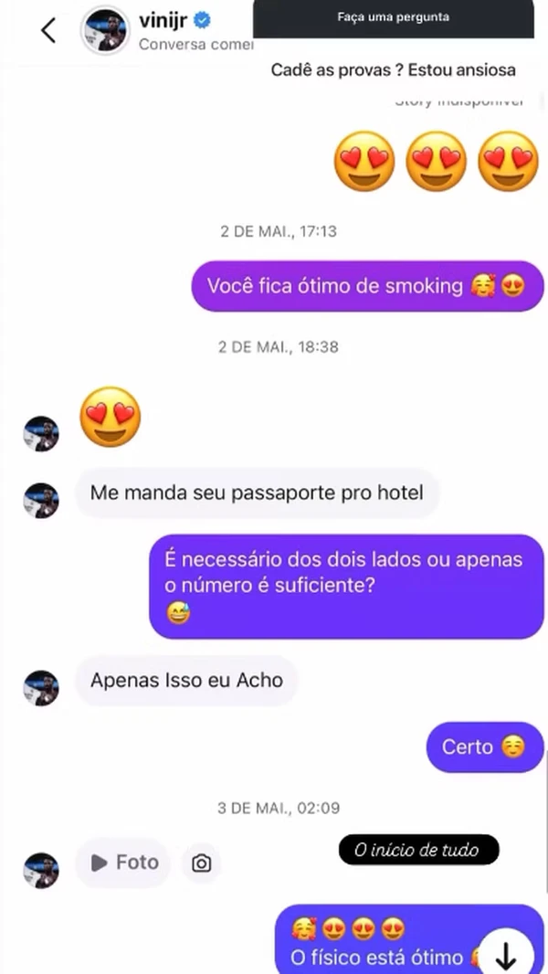 Modelo compartilhou mensagens que teria trocado com Vini Jr. por Reprodução