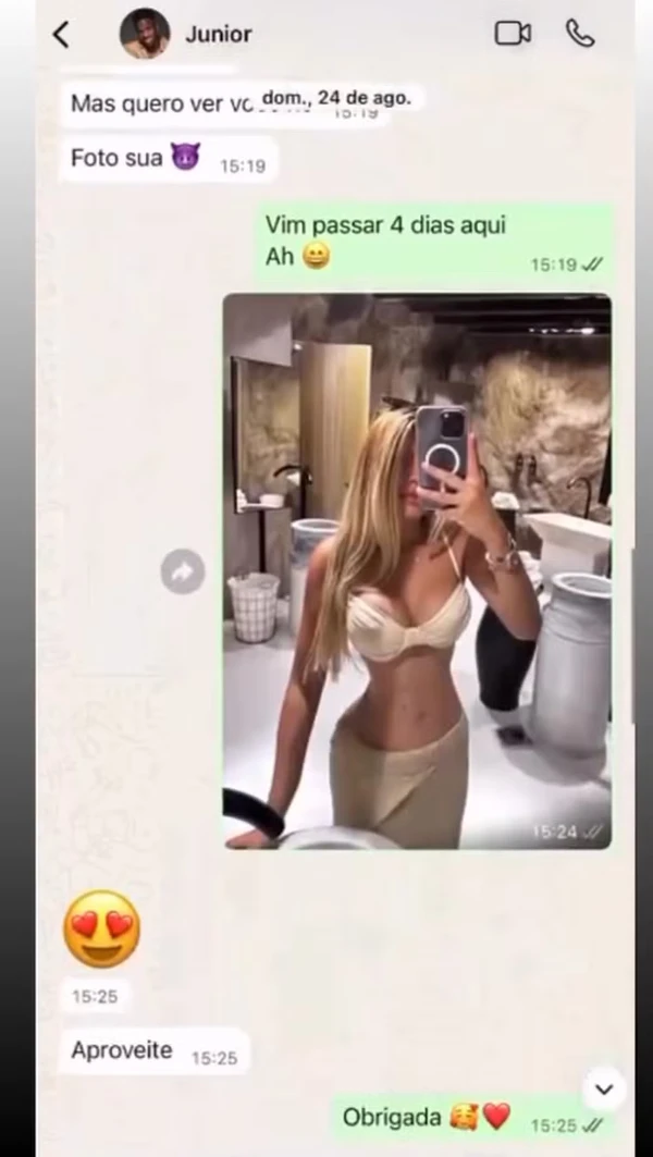 Modelo compartilhou mensagens que teria trocado com Vini Jr. por Reprodução