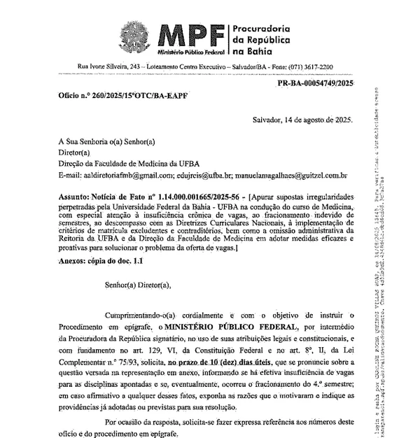 Ofícios enviados pelo MPF à Faculdade de Medicina por Reprodução