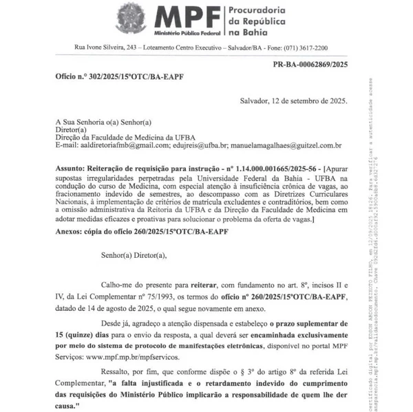Ofícios enviados pelo MPF à Faculdade de Medicina por Reprodução