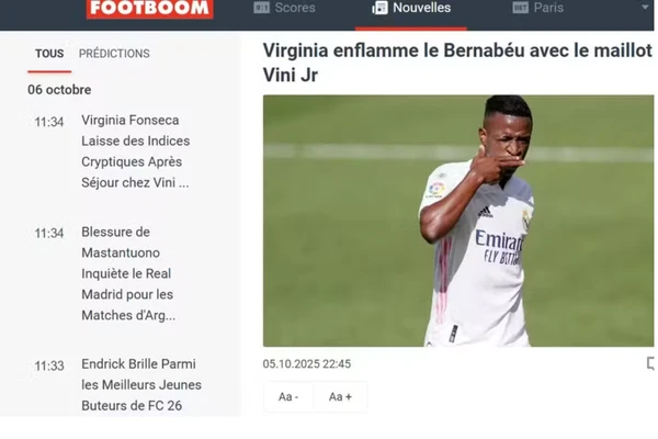 Versão francesa do FootBoom destaca presença de Virginia em estádio do Real Madrid com camisa de Vini Jr. por Reprodução