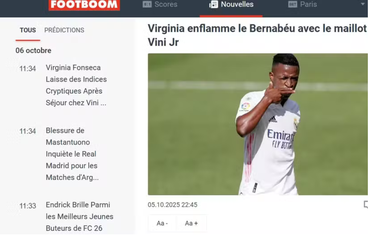 Versão francesa do FootBoom destaca presença de Virginia em estádio do Real Madrid com camisa de Vini Jr. por Reprodução