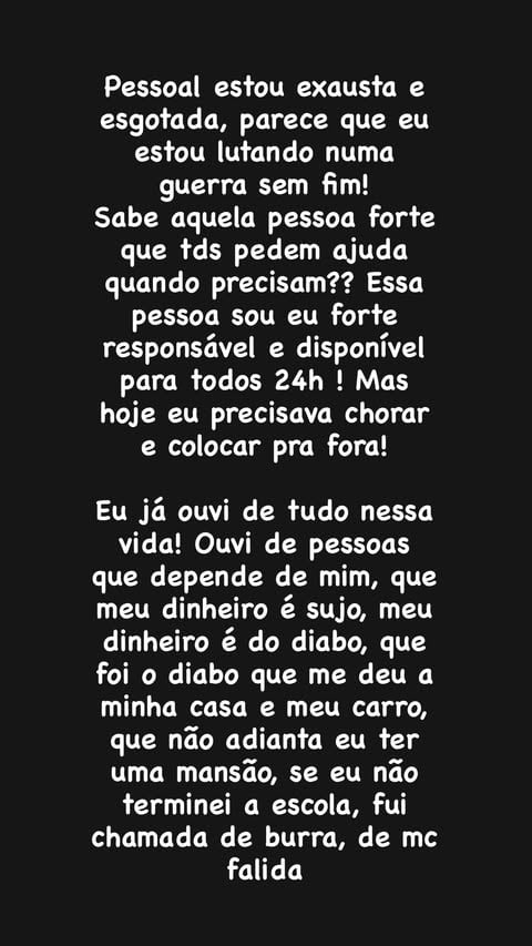 MC Carol desabafou nas redes sociais por Reprodução / Instagram