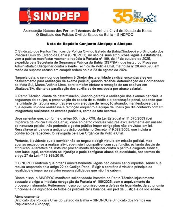 Nota de repúdio do sindicato dos policiais sobre investigação por Reprodução