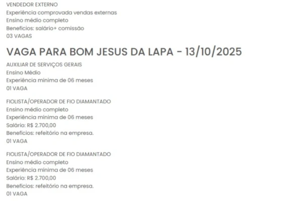 Vagas do SineBahia nesta segunda (13) por Reprodução