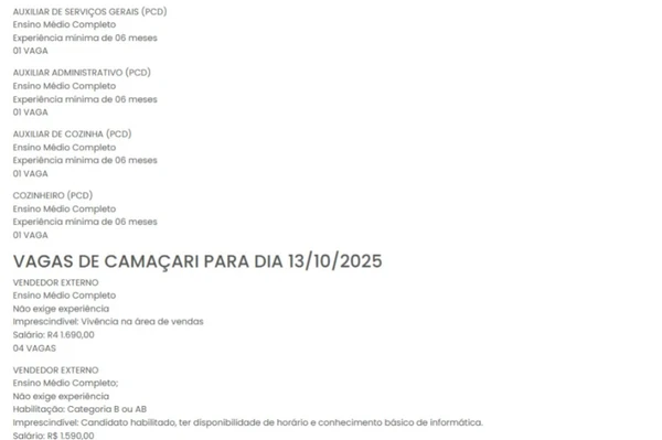Vagas do SineBahia nesta segunda (13) por Reprodução