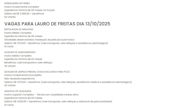 Vagas do SineBahia nesta segunda (13) por Reprodução