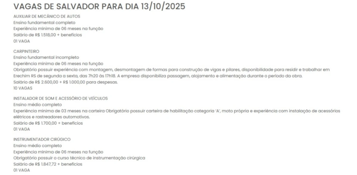 Vagas do SineBahia nesta segunda (13) por Reprodução