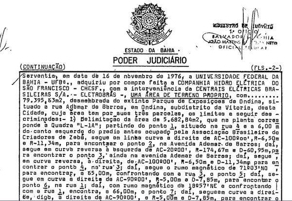 Certificado indica a compra do terreno pela Ufba em 1976 por Reprodução