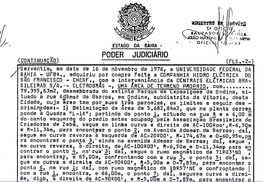 Certificado indica a compra do terreno pela Ufba em 1976 por Reprodução