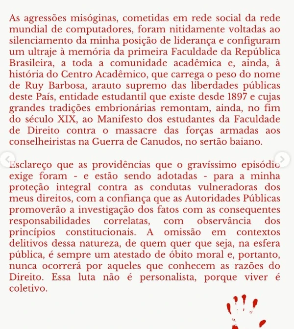 Confira pronunciamento completo da professora  por Captura de tela
