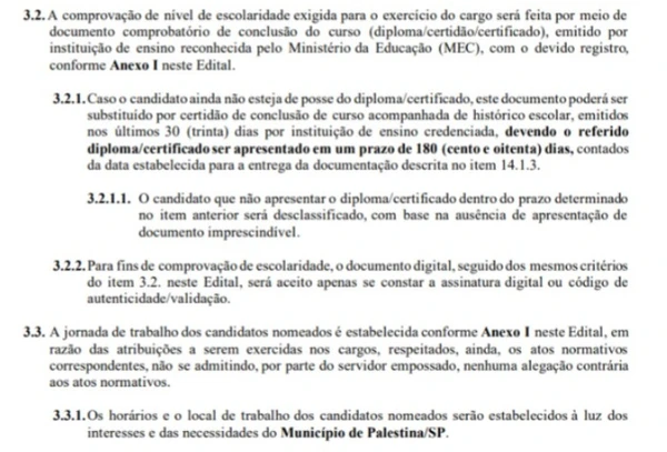 Detalhes das vagas do concurso da Prefeitura de Palestina  por Reprodução