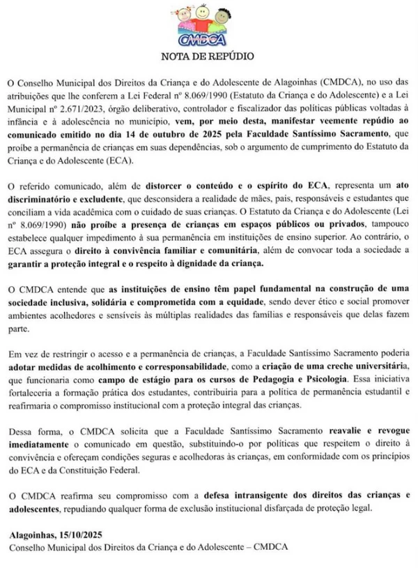 Faculdade na Bahia proíbe crianças no campus e causa revolta de estudantes por Reprodução