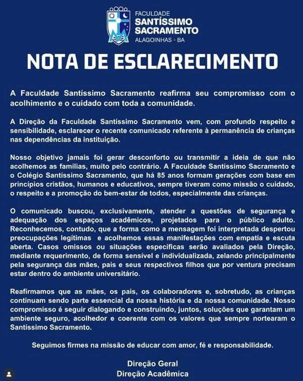 Faculdade na Bahia proíbe crianças no campus e causa revolta de estudantes por Reprodução