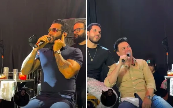 Gusttavo Lima e outros cantores cantando no palco do evento em Goiás por Reprodução/Instagram/Renato Sertanejeiro