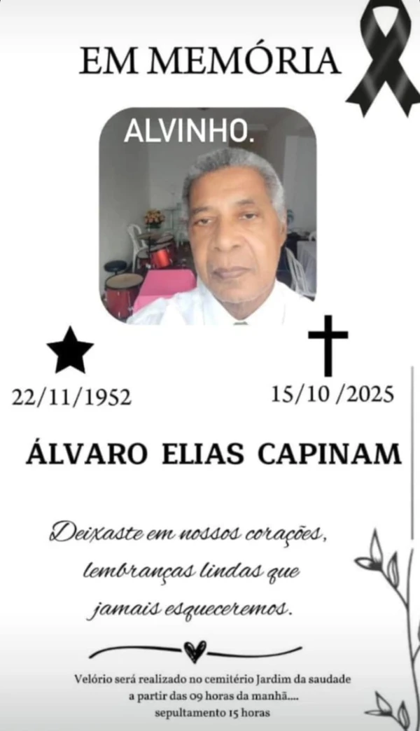 Nota com informações sobre o velório e sepultamento de Álvaro Elias Capinam, o Alvinho, ex-integrante da Brasilian Boys por Reprodução 