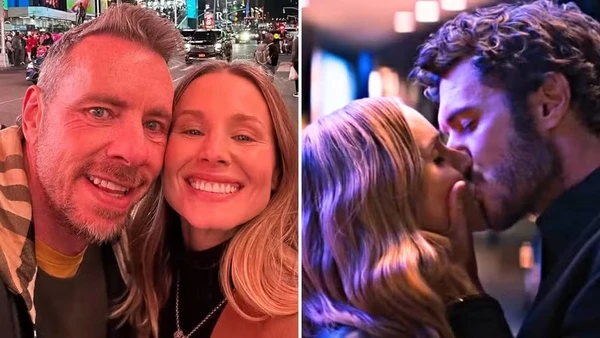 Kristen Bell e o marido, Dax Shepard; ela na cena de beijo com Adam Brody em 'Ninguém Quer' por Reprodução