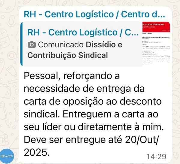 Mensagem enviada pelo setor de RH da BYD