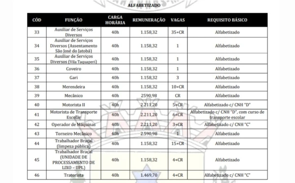 Vagas para nível alfabetizado por Captura de tela do Edital