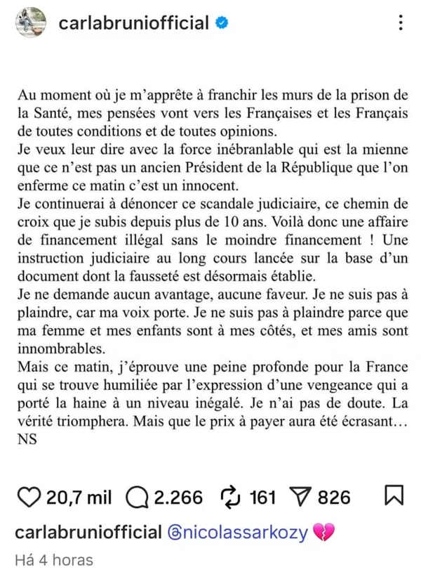 Publicação de Carla Bruni após a condenação do marido, o ex-presidente francês Nicolas Sarkozy por Reprodução/Instagram