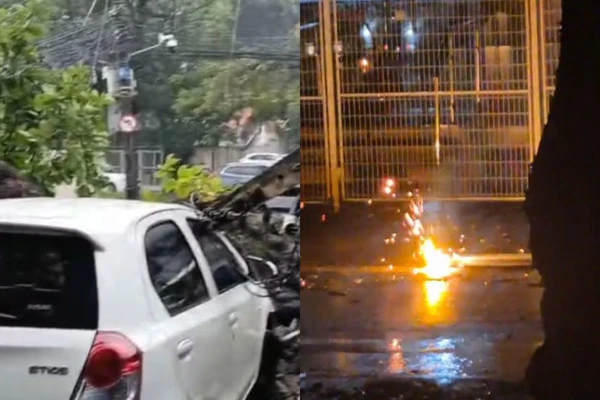 Árvore caiu em cima de um carro em Ondina/ Na Barra, moradores registraram o momento em que fios de um poste pegaram fogo