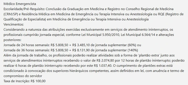 Mais informações do cargo de médico emergencista, edital 15/2025 por Reprodução