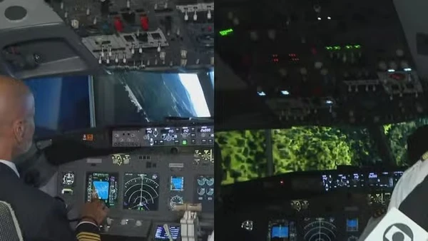 Simulador de voo mostra aeronave tombando de lado e caindo em vegetação por Reprodução/Montagem/g1