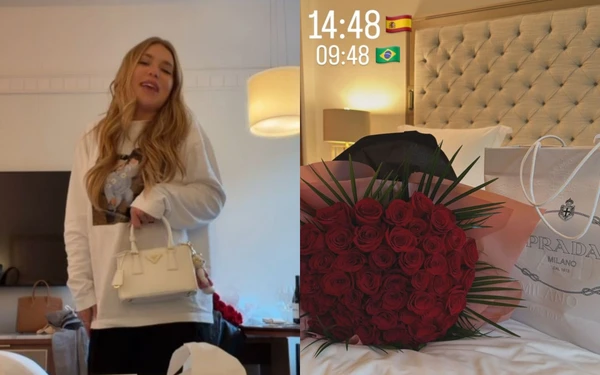 Virginia recebe buquê de rosas e bolsa de grife após desembarcar em Madrid por Reprodução/Redes Sociais 