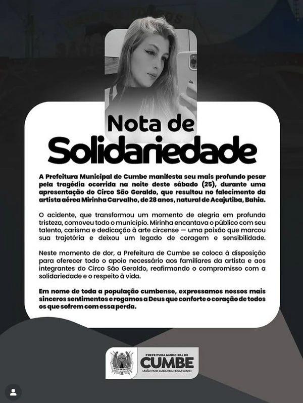 Trapezista baiana de 28 anos morre durante apresentação de circo por Reprodução