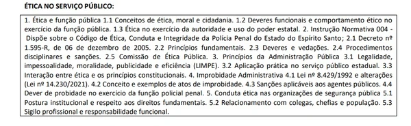 Assuntos de ética no serviço público cobrados na prova objetiva  por Edital/Captura de tela
