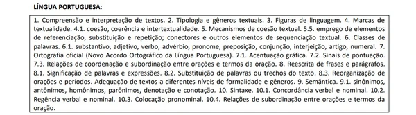 Assuntos de língua portuguesa cobrados na prova objetiva  por Edital/Captura de tela
