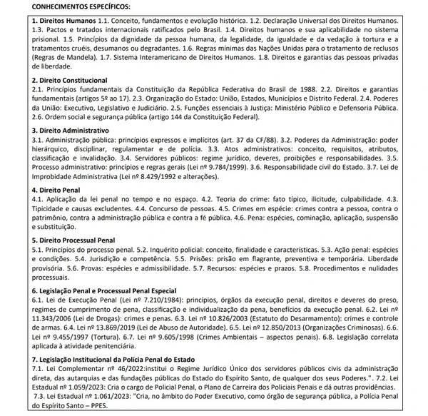 Conhecimentos específicos cobrados na prova objetiva  por Edital/Captura de tela