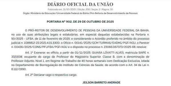 Portaria determina a exoneração de Quiara Lovatti Alves por Reprodução