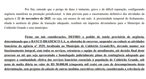 Decisão liminar proíbe Bradesco de fechar unidade na Bahia
