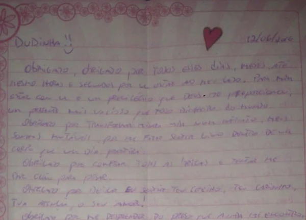 Carta romântica escrita por Cristian Cravinhos para Duda por Reprodução/Instagram @ullissescampbell