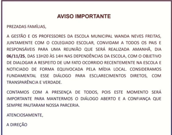 Comunicado emitido pela escola  por Reprodução