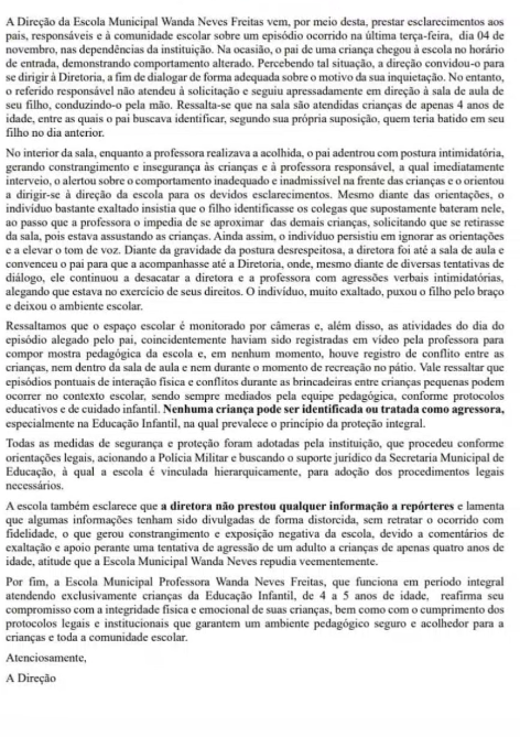 Comunicado emitido pela escola  por Reprodução