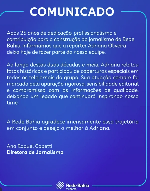 Comunicado da Rede Bahia
