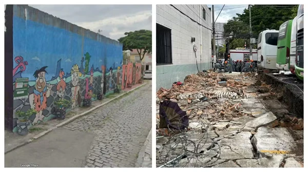 Antes e depois da queda do muro na rua Vieira Martins por Reprodução/TV Globo