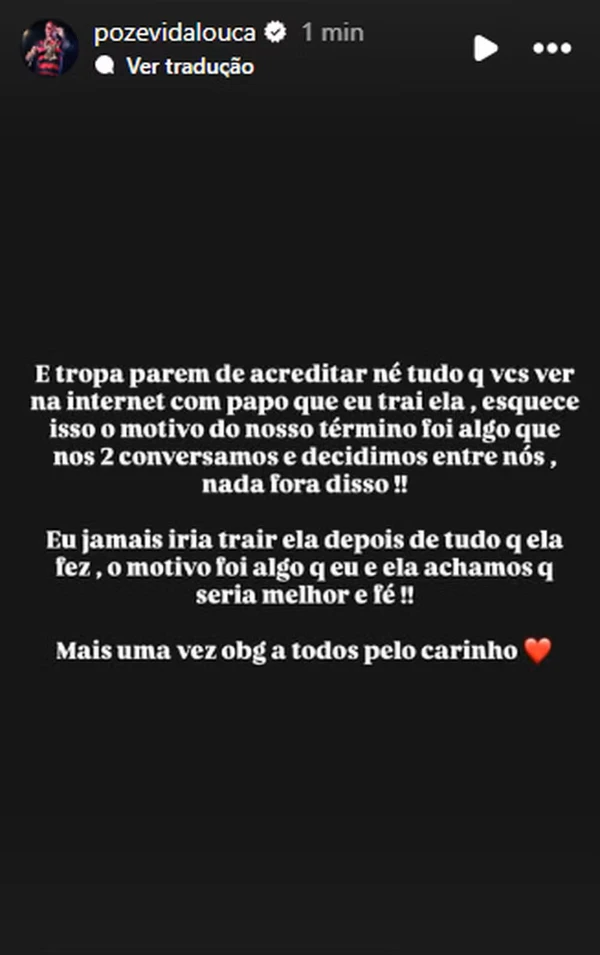 Poze se pronuncia sobre término com Vivi Noronha