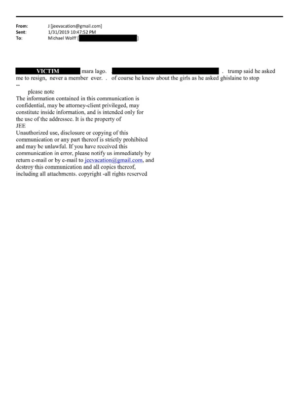 E-mails enviados por Jeffrey Epstein que citam envolvimento de Trump com uma das vítimas por Reprodução