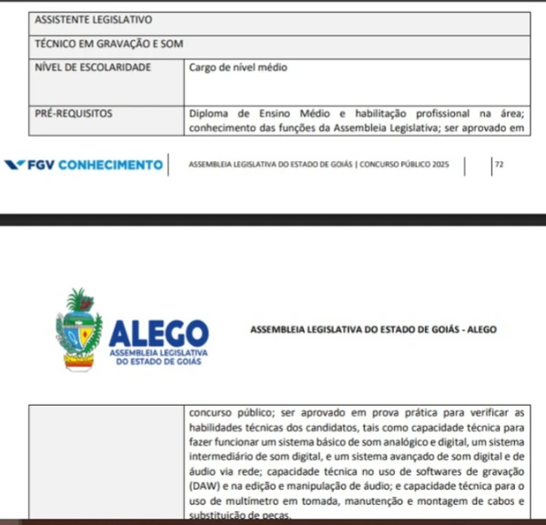 Vagas do concurso da Alego por Reprodução