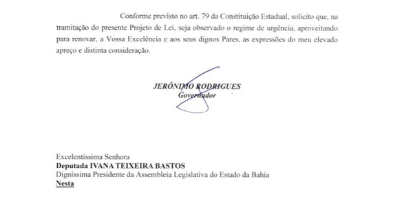 Projeto de empréstimo de Jerônimo Rodrigues e mensagem enviada a Alba por Reprodução