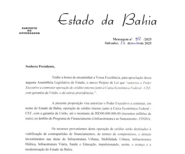 Projeto de empréstimo de Jerônimo Rodrigues e mensagem enviada a Alba por Reprodução