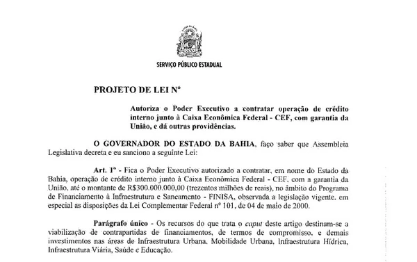 Projeto de empréstimo de Jerônimo Rodrigues e mensagem enviada a Alba por Reprodução