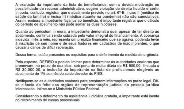 Decisão da Justiça que garantiu abatimento no Fies de médica na Bahia por Reprodução
