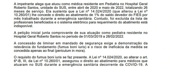 Decisão da Justiça que garantiu abatimento no Fies de médica na Bahia por Reprodução