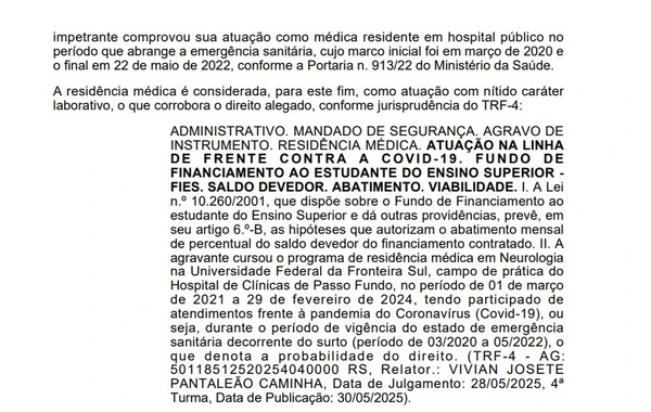 Decisão da Justiça que garantiu abatimento no Fies de médica na Bahia por Reprodução